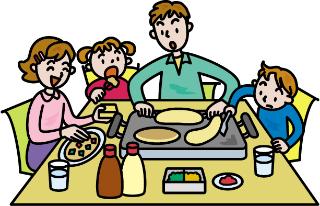 お好み焼きを食べる家族のイラスト