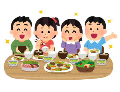 子どもたちが給食を楽しむイラスト