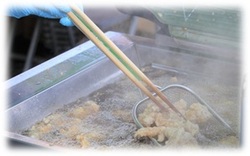 たっぷりの油でおいしそうに揚げられている唐揚げ