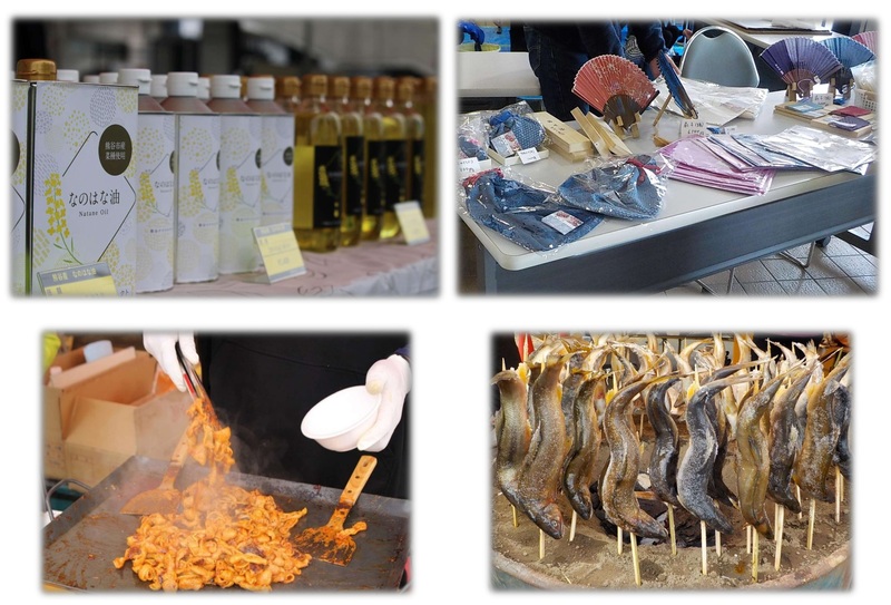 店の様子。なのはな油、工芸品、ホルモン焼、魚の塩焼き。