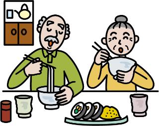 お寿司とうどんを食べる夫婦のイラスト