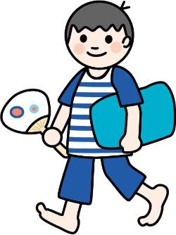 うちわと枕を持った男の子のイラスト