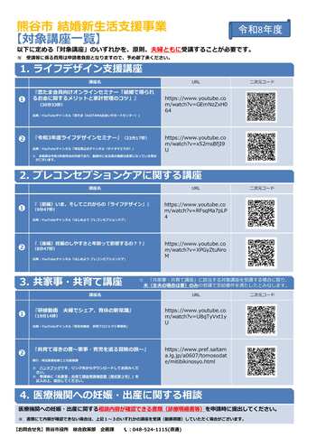 熊谷市結婚新生活支援事業　対象講座一覧