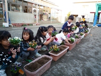 花ポットの花を一人ひとつ手に取り、うれしそうな子ども達