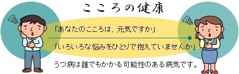 こころの健康　うつ・自殺予防　あなたのこころは、元気ですか。いろいろな悩みをひとりで抱えていませんか。うつ病は誰でもかかる可能性のある病気です。