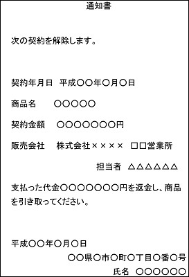 通知書と題し、次の契約を解除しますと記載し、契約日、商品名、金額、販売会社及び担当者名を箇条書きし、最後に作成した日付とあなたの住所氏名を書いてください