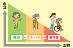 フレイルのイラスト。何も対策をしないと、加齢とともにフレイル、要介護と進行してしまう。
