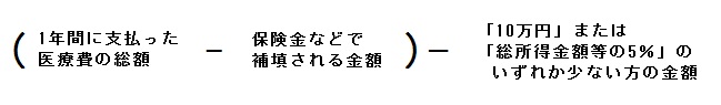 1年間に支払った医療費総額と保険金などで補填される金額の差から、10万円または総所得金額等の5％のいずれか少ない方の金額を差し引いた額