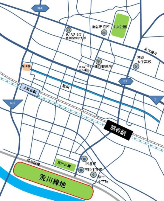 熊谷駅南口から熊谷図書館を左手に見ながら熊谷桜堤をこえると荒川緑地があります。