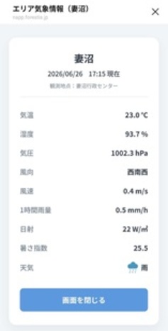 エリア気象情報の気象情報画面